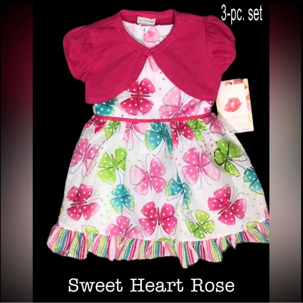 NWT Sweet Heart Rose Butterfly Print Dress with Pink Bolero Jacket, Size‎ 24 Mos